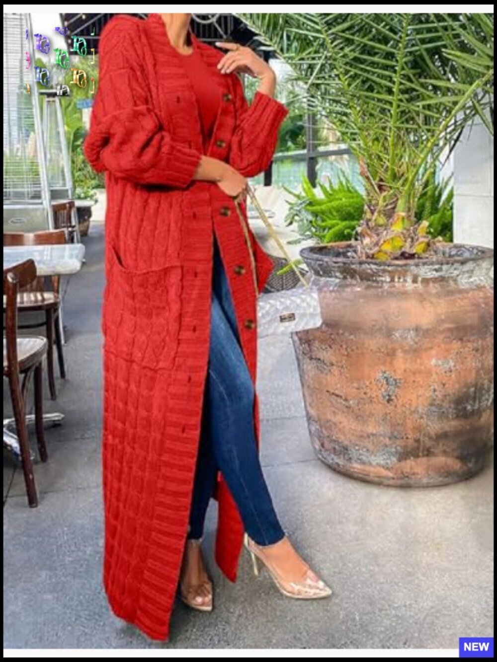 Chunky Cable Knit Maxi Cardigan with Pockets Loose Fit V-Neck Pullover - Picture 7 of 7